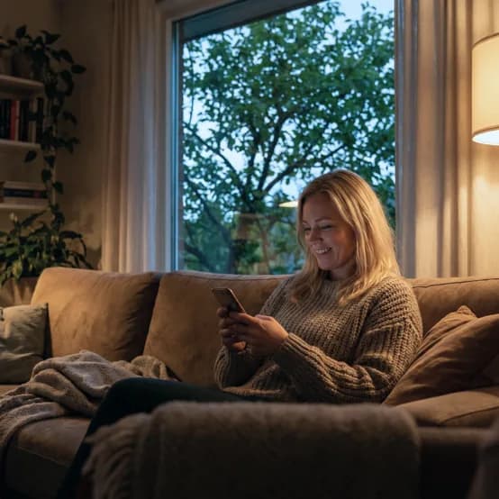Kvinde sidder i sofaen og sammenligner internet på sin mobil